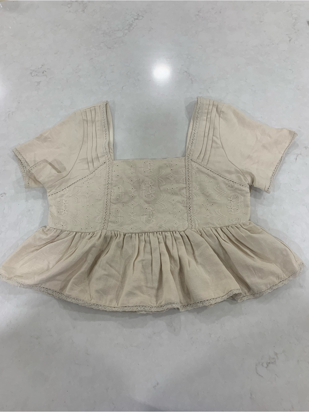 Square-Neck Cream Peplum Blouse with Eyelet Detail